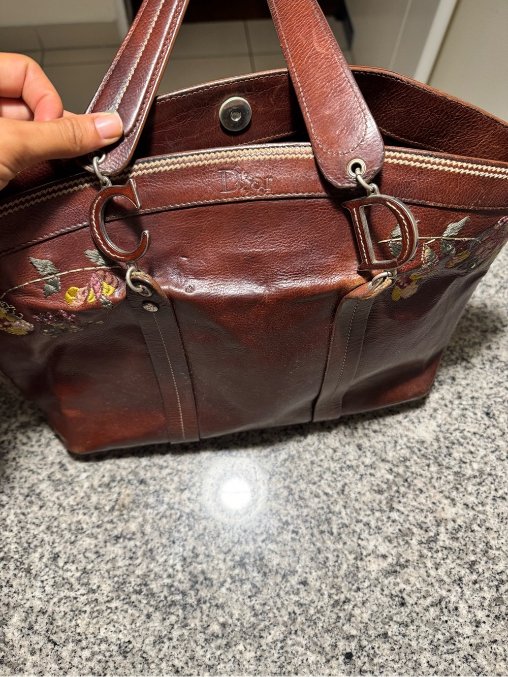 Dior Brown Leather Tote with Floral Embroidery - Picture 2 of 12
